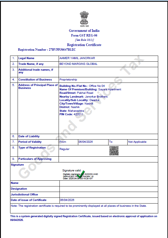 Government of India GST Registration Certificate - Beyond Margins Global