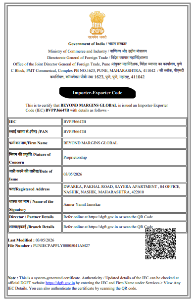 Government of India Importer-Exporter Code (IEC) Certificate - Beyond Margins Global